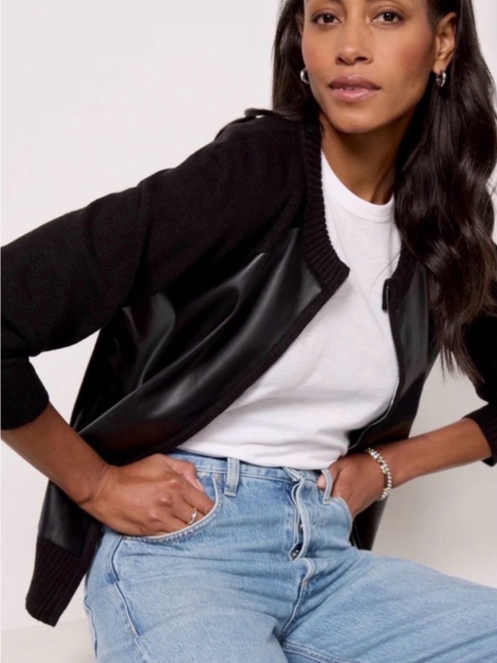 Evereve Black Mixed-Media Bomber Jacket